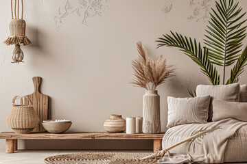 Minimalist interior design composition in beige tones. Interior design room composition with window natural light