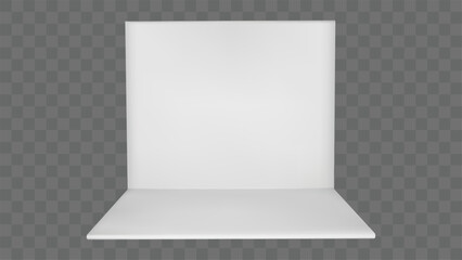 3d stand booth mockup. White empty wall room for trade event or show mock up design. Blank exhibition floor render template. Exhibit showroom or expo square kiosk layout with small promotion area
