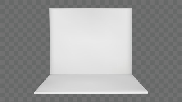 3d stand booth mockup. White empty wall room for trade event or show mock up design. Blank exhibition floor render template. Exhibit showroom or expo square kiosk layout with small promotion area
