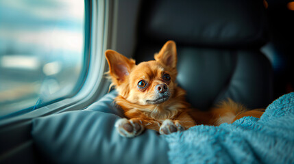 Chihuahua dog sitting next to an airplane window. Pet travel concept 