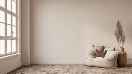Minimalist interior design composition in beige tones. Interior design room composition with window...
