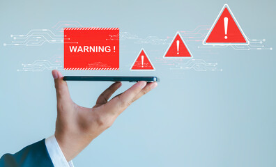 Smartphone with sign warning of online crime risks Website access Clicking on unsafe text links is...