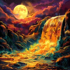 The image is a beautiful landscape painting of a waterfall at night