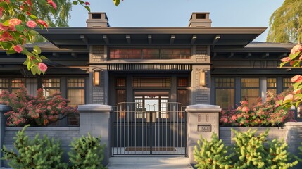 View of a craftsman house in slate grey, featuring a rod gate and window grills amidst blooming...