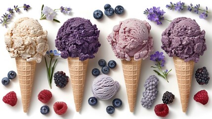  Four cones arranged with berries , raspberries, and ice cream