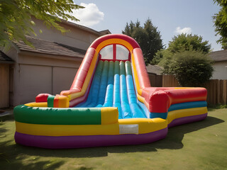 Inflatable colorful bounce house water slide in the backyard. Playground for children.