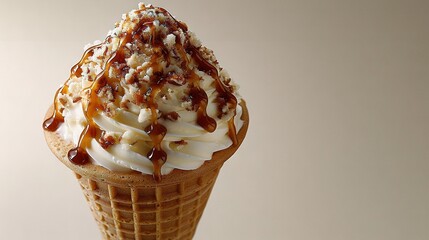   A scoop of ice cream topped with caramel drizzle and pecans