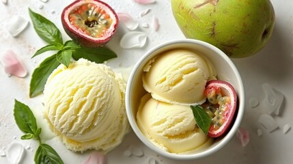   Two scoops of ice cream in a bowl with a green apple and half a pomegranate