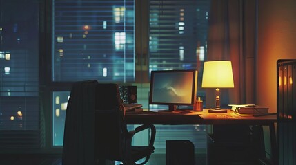 A nighttime view of the same workspace