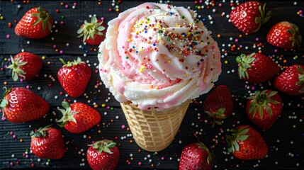  A black background showcases an alluring scoop of ice cream in a cone, decorated with delightful sprinkles and fresh strawberries