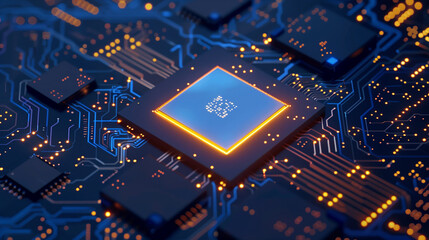 High tech electronic circuit board vector technology background concept. Close up of a abstract motherboard. Electronic PCB (Printed circuit board) with processor and microchips. 3d illustration