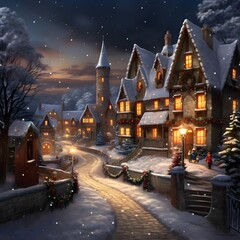 Winter night in the village. Christmas background. 3D illustration.