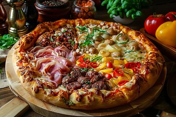 A gourmet pizza with toppings arranged to create a detailed map of the world