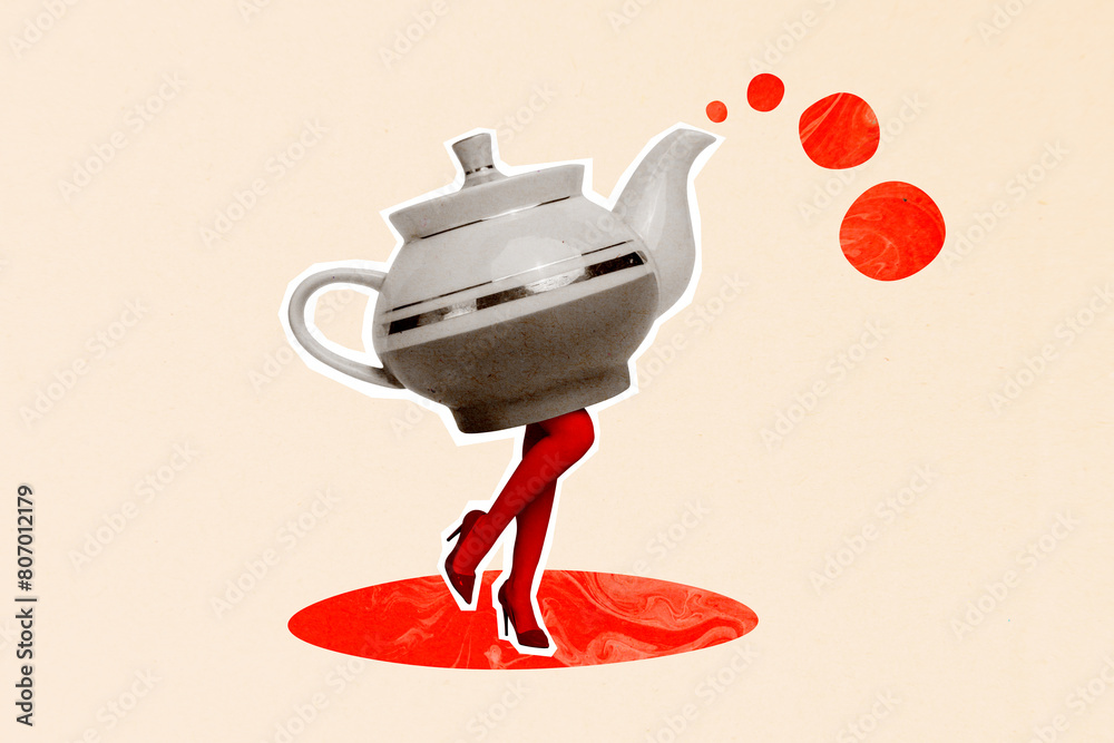 Wall mural photo cartoon comics sketch collage picture of funky lady tea kettle instead body isolated beige col