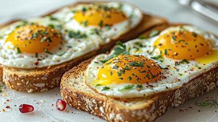   Close-up image of two slices of bread with an egg and herbs