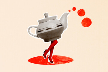 Photo cartoon comics sketch collage picture of funky lady tea kettle instead body isolated beige...