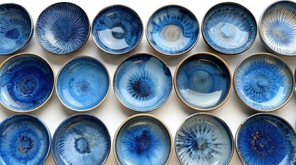   Blue bowls cluster on white counter, swirling with various sized blue shapes