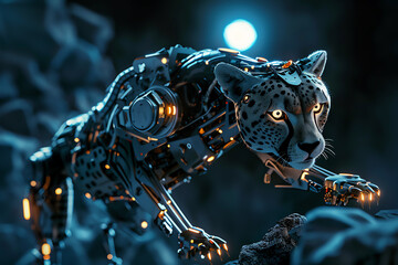 Capture a robotic cheetah in the midst of a lightning-fast sprint, its metallic muscles gleaming under moonlight, with its camera lens aimed at elusive nocturnal predators