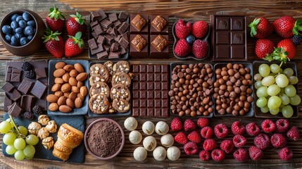   A variety of chocolates, nuts, berries, and other foods are displayed on a wooden tabletop