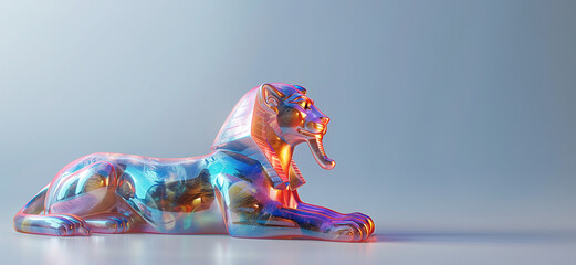 Egyptian Sphinx sculpture made of crystal with iridescent reflections isolated on white. 