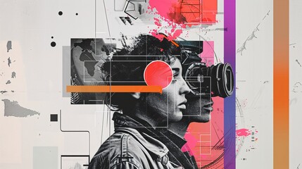 Futuristic Visualization through Collage Art: A Woman with High-Tech Virtual Reality Gear