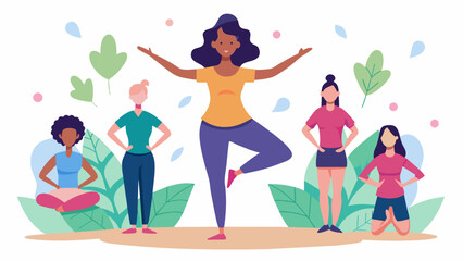 A woman confidently balancing in a tree pose surrounded by a sea of supportive and encouraging individuals in a body positivity yoga class..