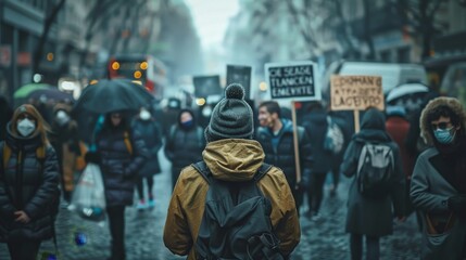 A group of protesters are marching down a street with signs and umbrellas
