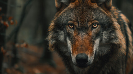 Fototapeta premium A majestic wolf standing in the forest, looking directly at the camera with focused eyes