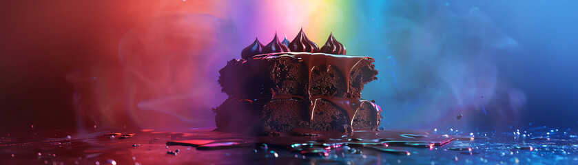 Capture a surrealistic scene of a towering chocolate cake melting under a rainbow spotlight, viewed from a dramatic tilted angle that defies norms