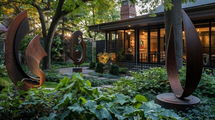 A modern art setup featuring abstract metal sculptures located in the garden of a craftsman home.
