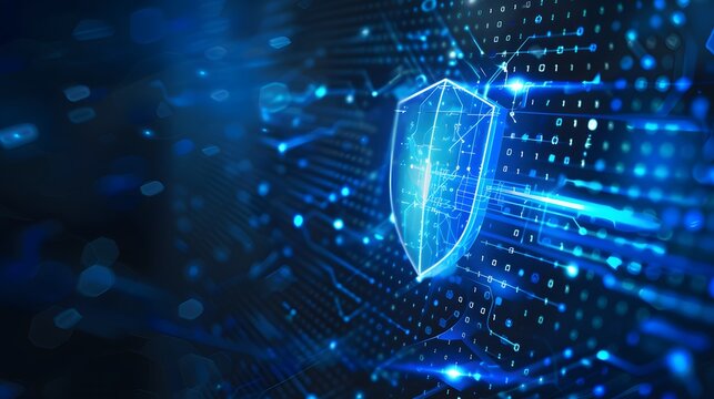 Abstract digital connectivity concept with glowing protective shield symbol on blue background