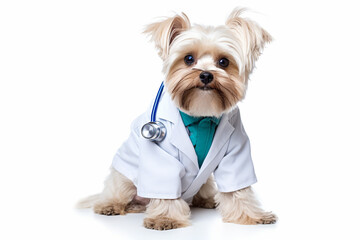 Cute and funny dog impersonating doctor person, working in the hospital
