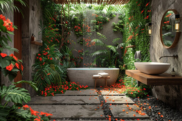 A luxurious bathroom with a private, outdoor garden oasis.