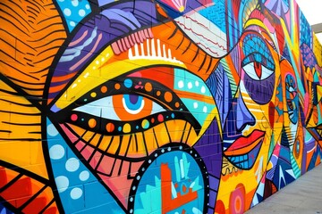 A colorful mural of two faces with eyes and lips