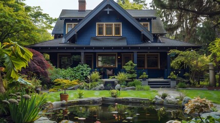 Picture of a navy blue Craftsman home with elaborate garden and small water feature.