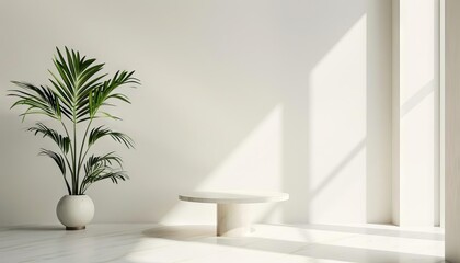 A minimalist coffee table on an open white floor, adorned with only a single plant