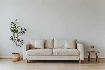 A minimalist living room with just a sofa and a plain coffee table