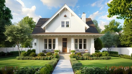 A front-facing new white cottage in Craftsman style, richly landscaped with pathway.