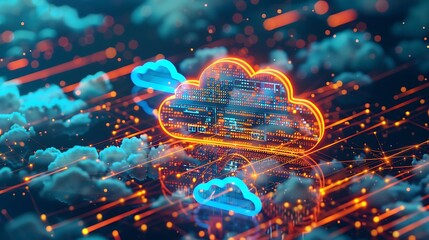 A cloud computing infrastructure with data servers and virtual storage solutions, illustrating the scalability and flexibility offered by cloud technologies in digital transformations