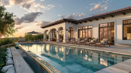 Mediterranean villa with poolside patio, evening sun highlighting the luxurious setting.