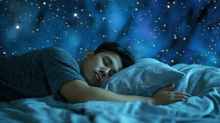 A young boy peacefully sleeping in a bed under a starry night sky