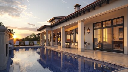Side angle view of a Mediterranean villa at sunset, showcasing a large pool and adjacent patio.