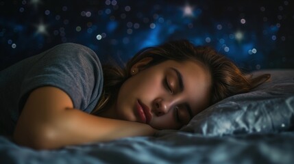 A woman peacefully sleeping on a bed in a dark room