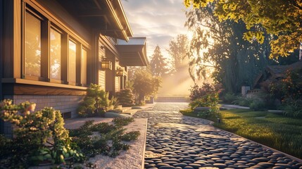 Rendering of a Craftsman house at dawn, with cobblestone path and a soft golden light wash.