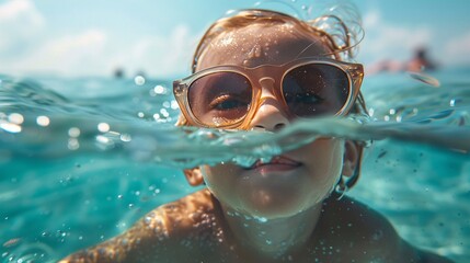 A playful child in sunglasses swimming in the sea. Joyful summer vibes