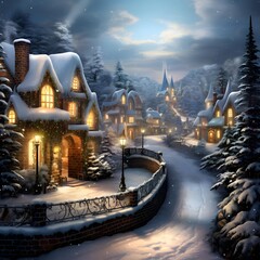 Winter night in the village. Winter landscape. Christmas and New Year.