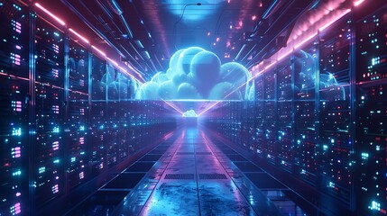 A cloud computing infrastructure with data servers and virtual storage solutions, illustrating the scalability and flexibility offered by cloud technologies in digital transformations