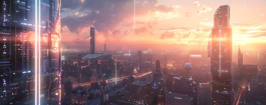 Capture the vastness of a futuristic cityscape at sunset
