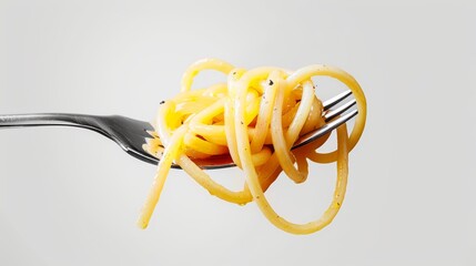 Detailed portrait of a single fork lifting swirls of perfectly cooked spaghetti, set against a pure white background for a minimalistic look