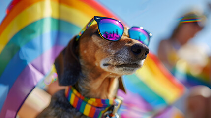 Funny dachsund dog wearing sunglasses on the beach at summer pride month parade. Rainbow flags. Funny dog on vacation AI